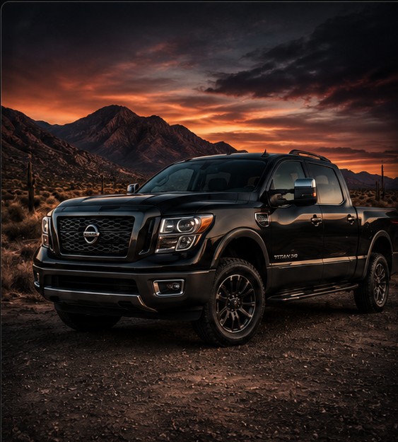 Black Nissan Titan XD in a desert landscape
